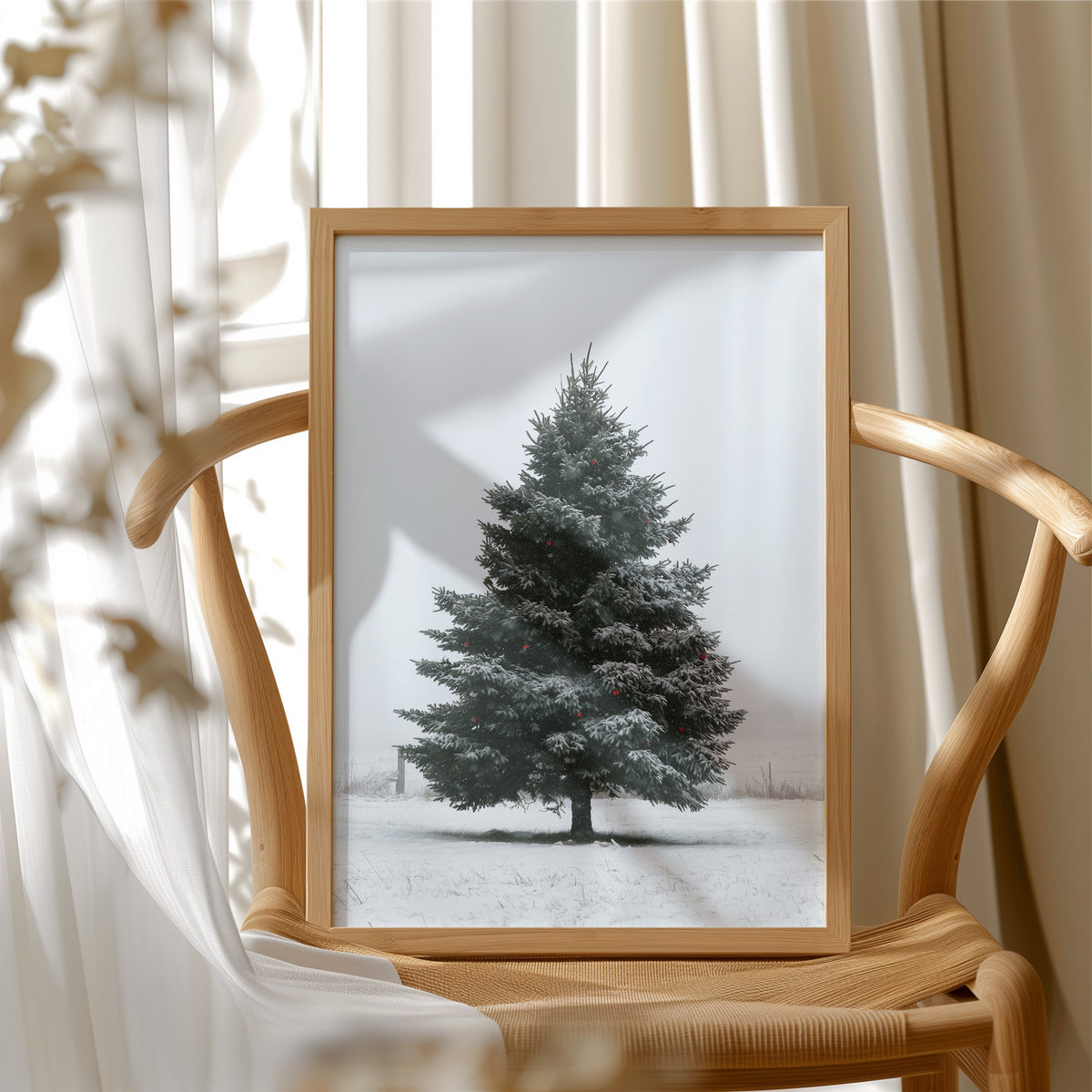 One Spruce Holds the Snowfield, a single dark spruce standing alone in a snowy field under a pale gray sky, painted in forest green, snow white and soft gray, in a wood frame beside a wicker chair by a sunny window