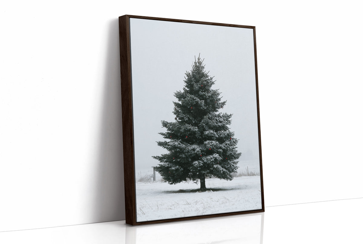 One Spruce Holds the Snowfield, a single dark spruce standing alone in a snowy field under a pale gray sky, painted in forest green, snow white and soft gray, as a framed canvas in a brown frame