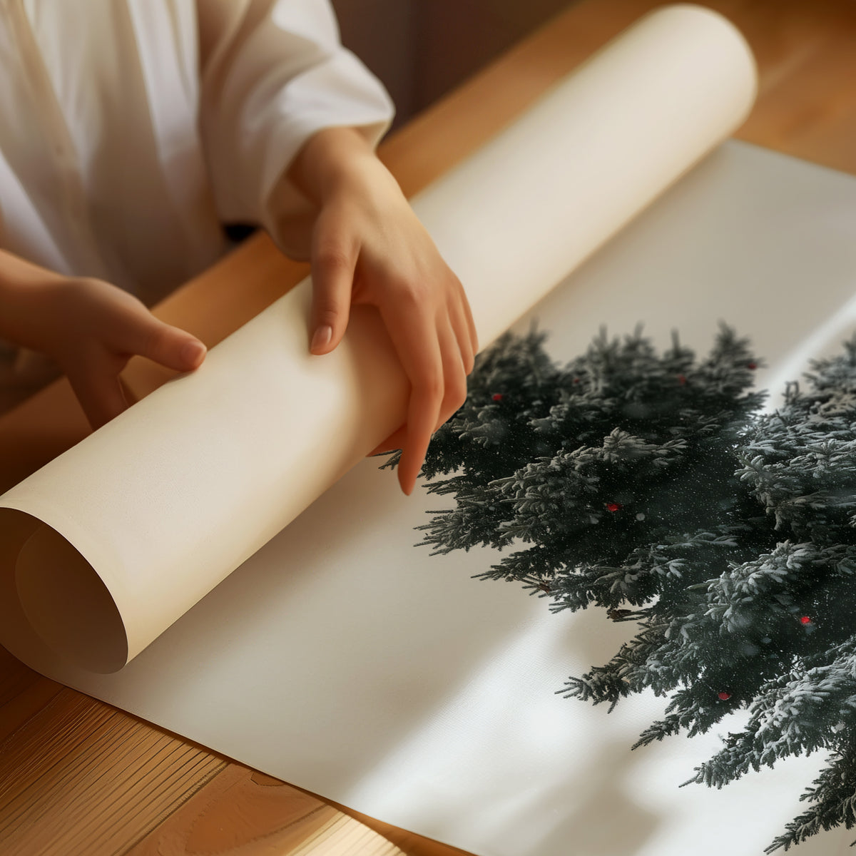 One Spruce Holds the Snowfield, a single dark spruce standing alone in a snowy field under a pale gray sky, painted in forest green, snow white and soft gray, as a matte poster, unframed