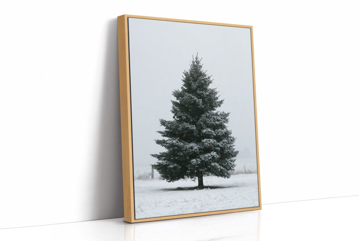 One Spruce Holds the Snowfield, a single dark spruce standing alone in a snowy field under a pale gray sky, painted in forest green, snow white and soft gray, as a framed canvas in a natural wood frame