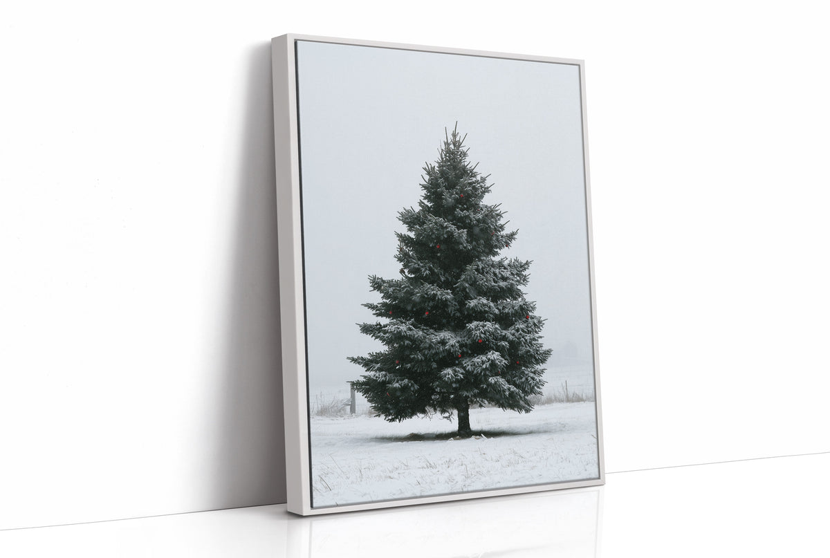 One Spruce Holds the Snowfield, a single dark spruce standing alone in a snowy field under a pale gray sky, painted in forest green, snow white and soft gray, as a framed canvas in a white frame