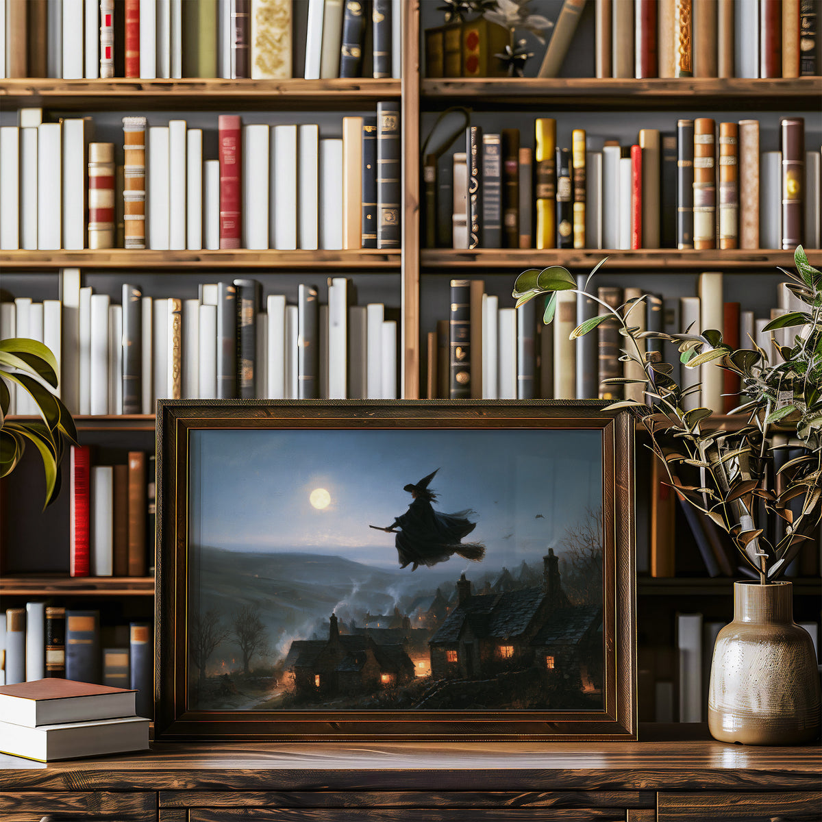 Over the Lantern Village, a witch flying across a full moon above a lantern lit village on a misty hillside, painted in midnight blue, pale moon gold and soft smoke gray, in a wood frame on a bookshelf wall beside a vase of olive branches