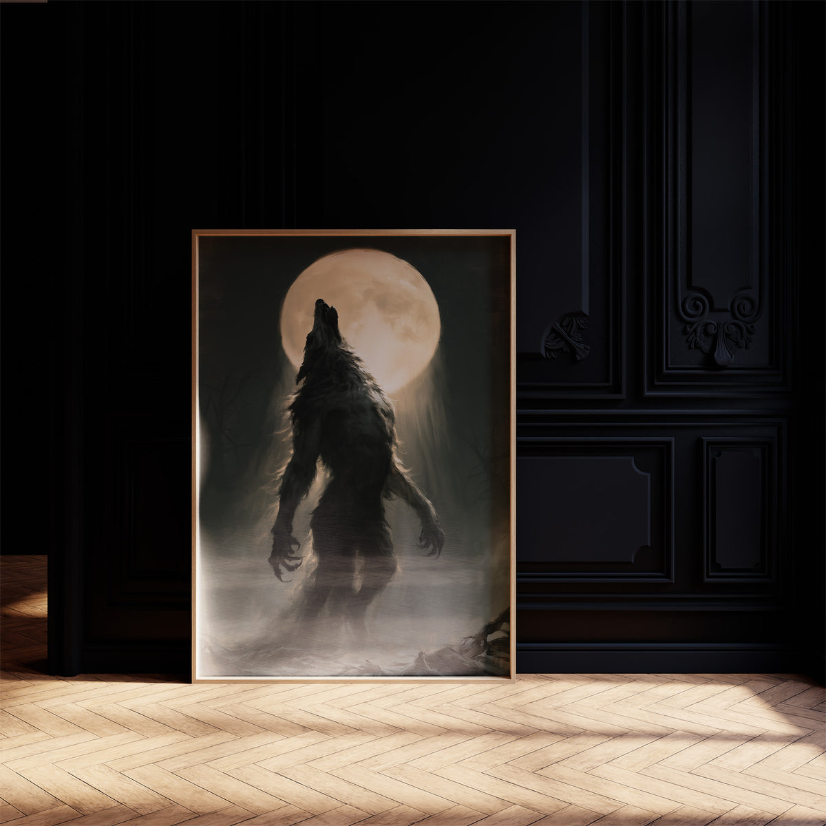 Patience Under a Pale Moon, a hunched werewolf standing in mist with its head raised toward a glowing full moon, painted in charcoal, olive and bone, in a dark frame on a black paneled wall above a sunlit herringbone floor