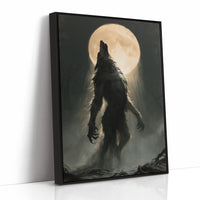 Patience Under a Pale Moon, a hunched werewolf standing in mist with its head raised toward a glowing full moon, painted in charcoal, olive and bone, as a framed canvas in a black frame