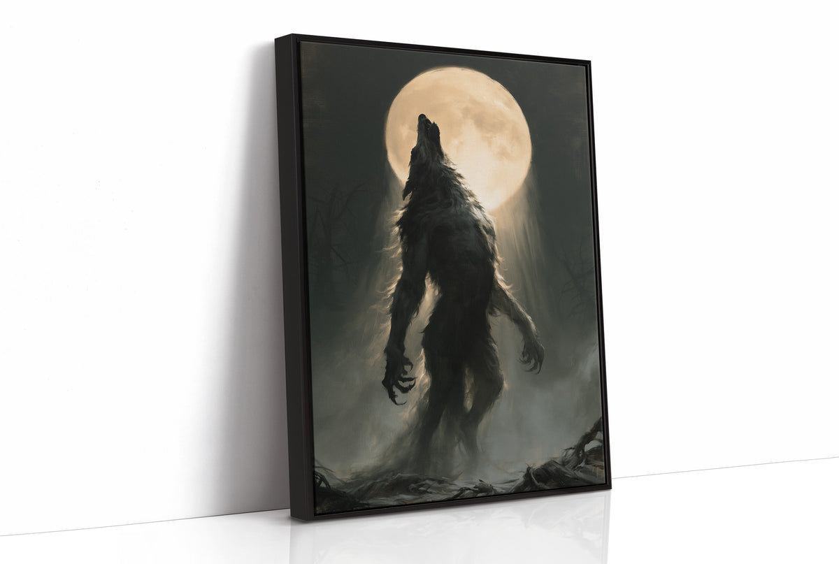 Patience Under a Pale Moon, a hunched werewolf standing in mist with its head raised toward a glowing full moon, painted in charcoal, olive and bone, as a framed canvas in a black frame