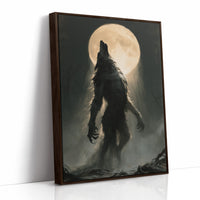Patience Under a Pale Moon, a hunched werewolf standing in mist with its head raised toward a glowing full moon, painted in charcoal, olive and bone, as a framed canvas in a brown frame