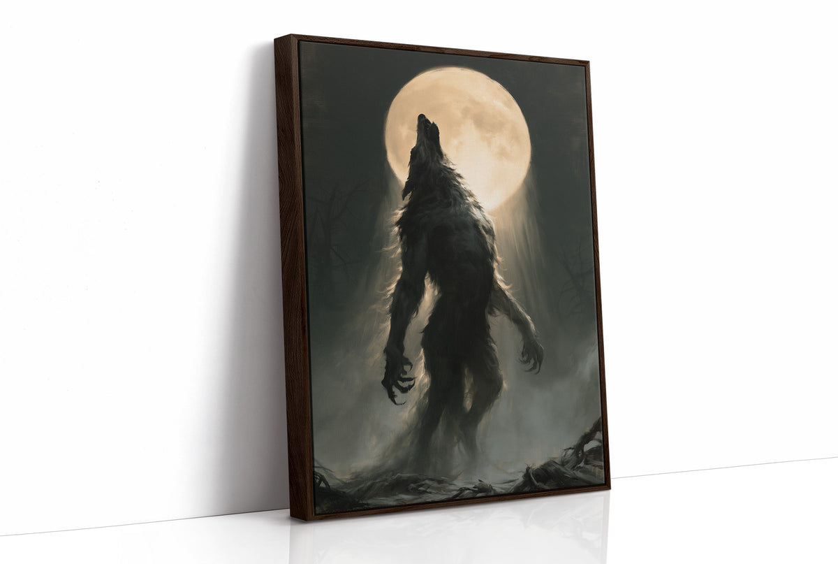 Patience Under a Pale Moon, a hunched werewolf standing in mist with its head raised toward a glowing full moon, painted in charcoal, olive and bone, as a framed canvas in a brown frame