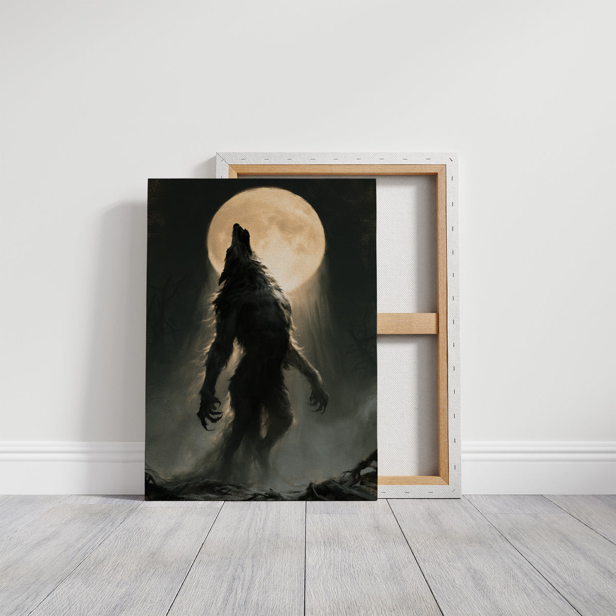 Patience Under a Pale Moon, a hunched werewolf standing in mist with its head raised toward a glowing full moon, painted in charcoal, olive and bone, on a gallery canvas with wrapped edges leaning against a white wall
