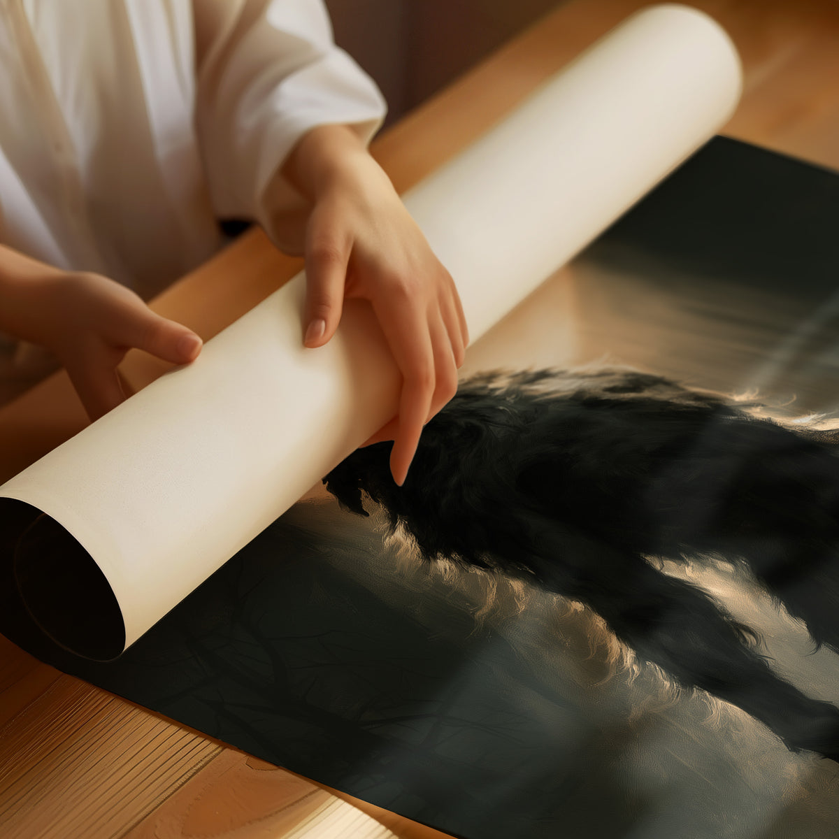 Patience Under a Pale Moon, a hunched werewolf standing in mist with its head raised toward a glowing full moon, painted in charcoal, olive and bone, as a matte poster, unframed