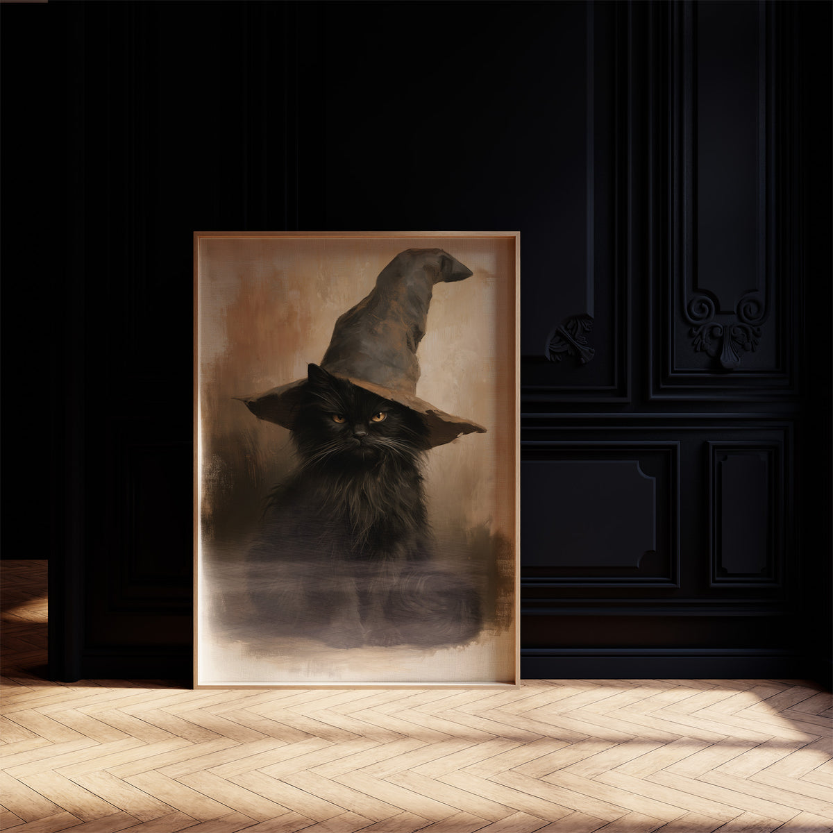 Patience Under a Pointed Crown, a black cat sitting in a pointed witch hat, painted in a sepia portrait style with a warm amber background, in a dark frame on a black paneled wall above a sunlit herringbone floor