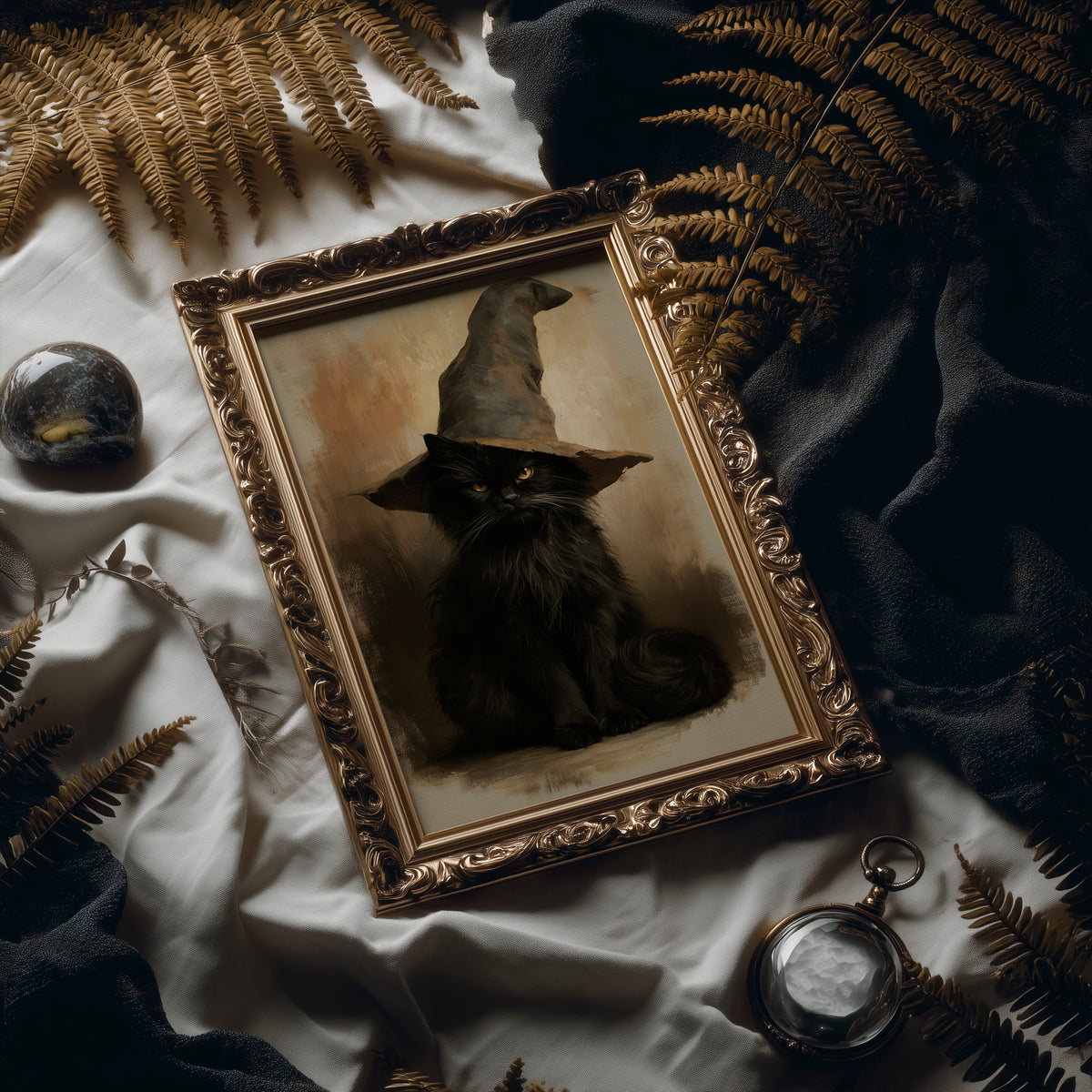 Patience Under a Pointed Crown, a black cat sitting in a pointed witch hat, painted in a sepia portrait style with a warm amber background, in an ornate frame on silk cloth beside ferns and a brass compass