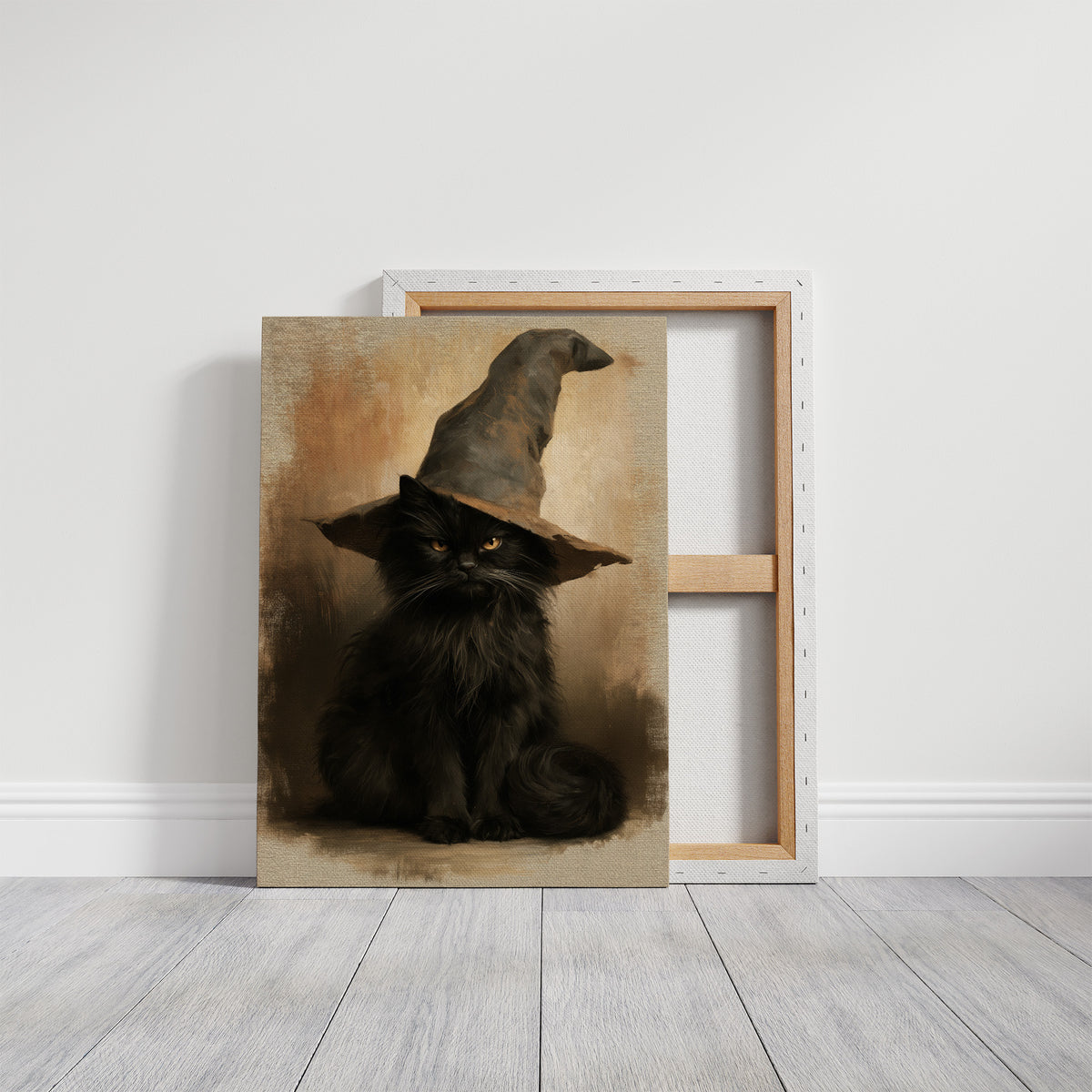 Patience Under a Pointed Crown, a black cat sitting in a pointed witch hat, painted in a sepia portrait style with a warm amber background, on a gallery canvas with wrapped edges leaning against a white wall