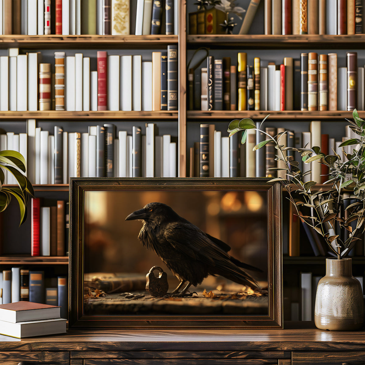 Patient Company in Amber Light, a black raven perched on a ledge beside a small golden orb, with a warm bokeh glow behind it, painted in charcoal, gold and deep umber, in a wood frame on a bookshelf wall beside a vase of olive branches