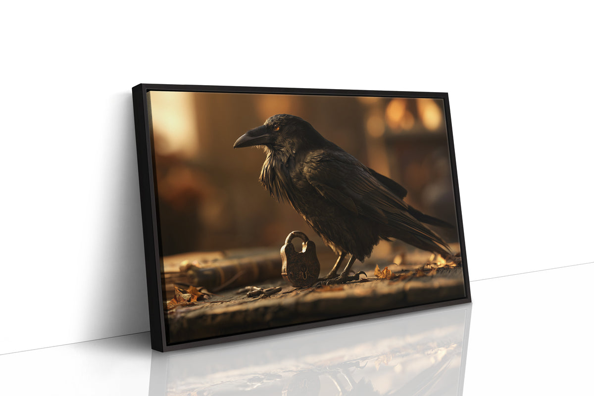 Patient Company in Amber Light, a black raven perched on a ledge beside a small golden orb, with a warm bokeh glow behind it, painted in charcoal, gold and deep umber, as a framed canvas in a black frame