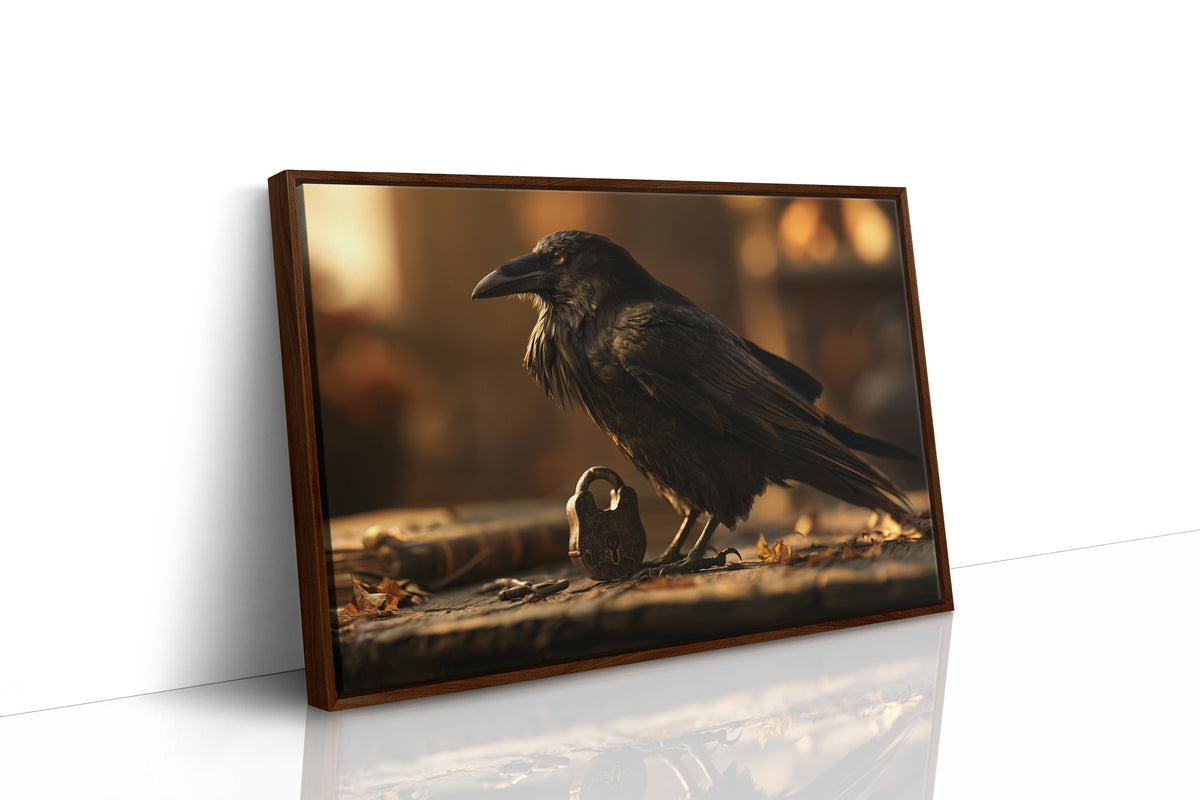 Patient Company in Amber Light, a black raven perched on a ledge beside a small golden orb, with a warm bokeh glow behind it, painted in charcoal, gold and deep umber, as a framed canvas in a brown frame