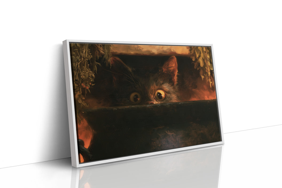 Patient Eyes Beneath the Ember, a dark cat with glowing amber eyes peering from a hollow lit by a warm ember glow, painted in charcoal, rust and smoky umber, as a framed canvas in a white frame