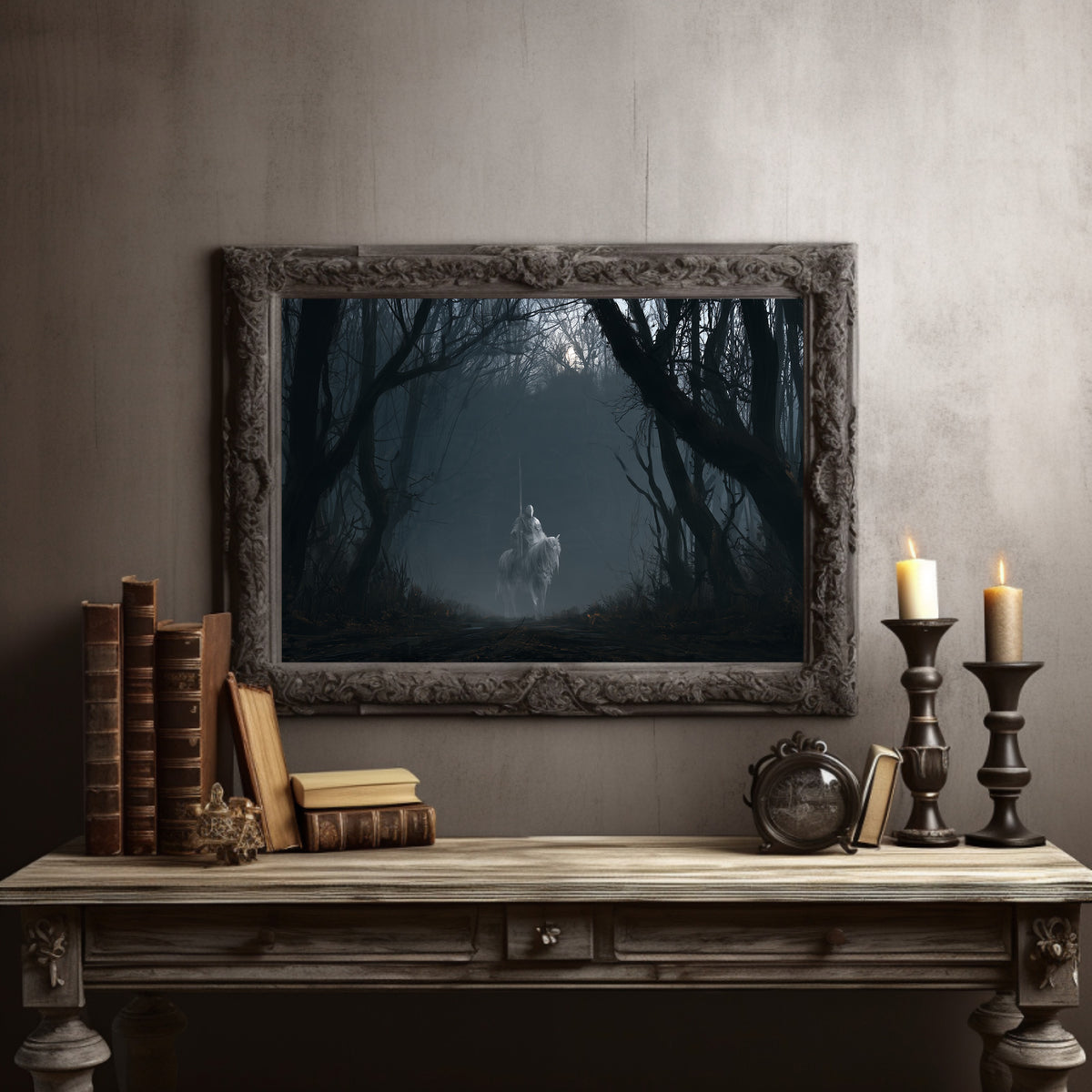 Quiet Hooves Through the Trees, a pale doe walking between dark trunks in a misty forest, bare branches arching overhead and a soft ivory glow on her coat, in a dark carved frame on a gray wall above a console table with candlesticks and old books