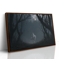 Quiet Hooves Through the Trees, a pale doe walking between dark trunks in a misty forest, bare branches arching overhead and a soft ivory glow on her coat, as a framed canvas in a brown frame