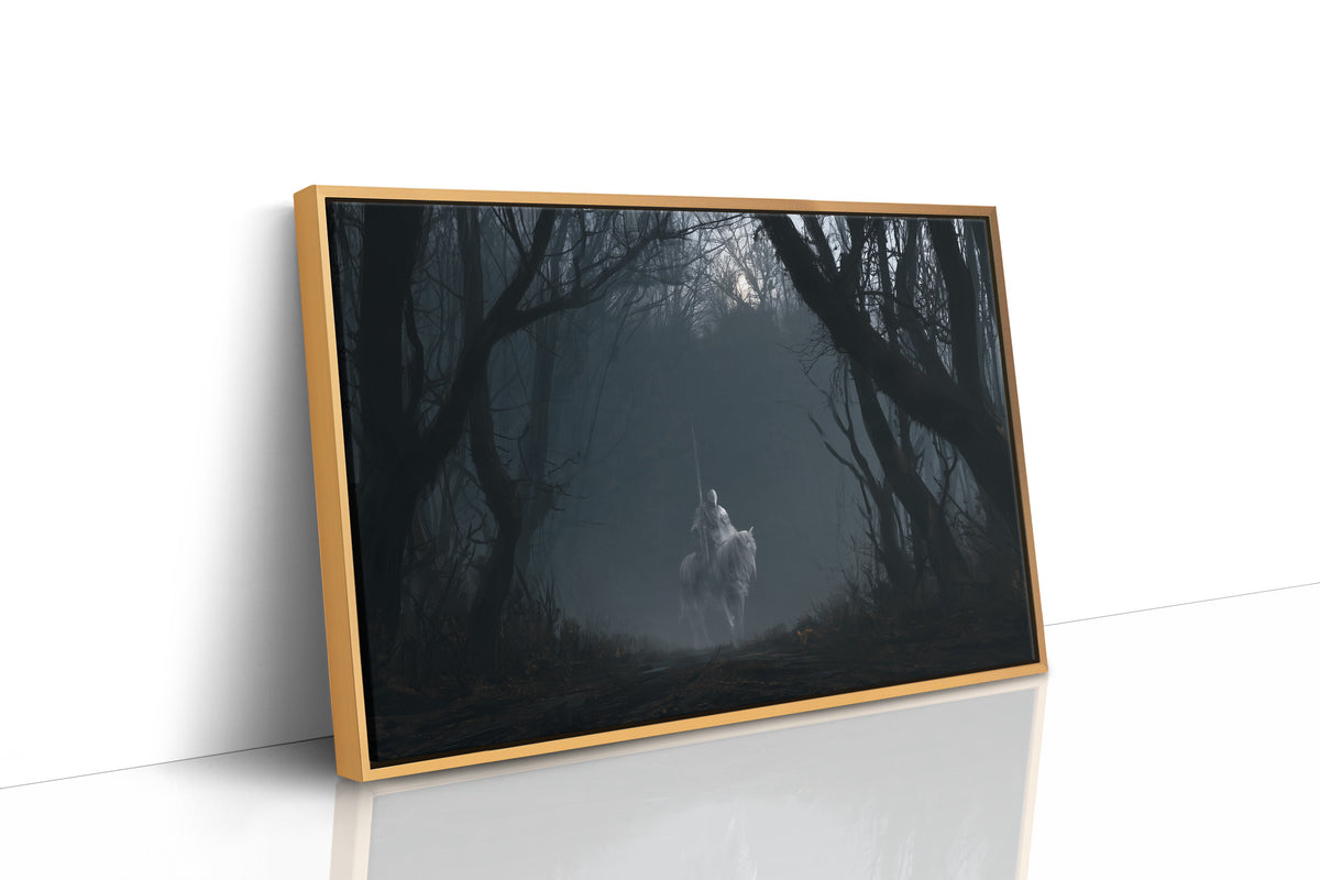 Quiet Hooves Through the Trees, a pale doe walking between dark trunks in a misty forest, bare branches arching overhead and a soft ivory glow on her coat, as a framed canvas in a natural wood frame
