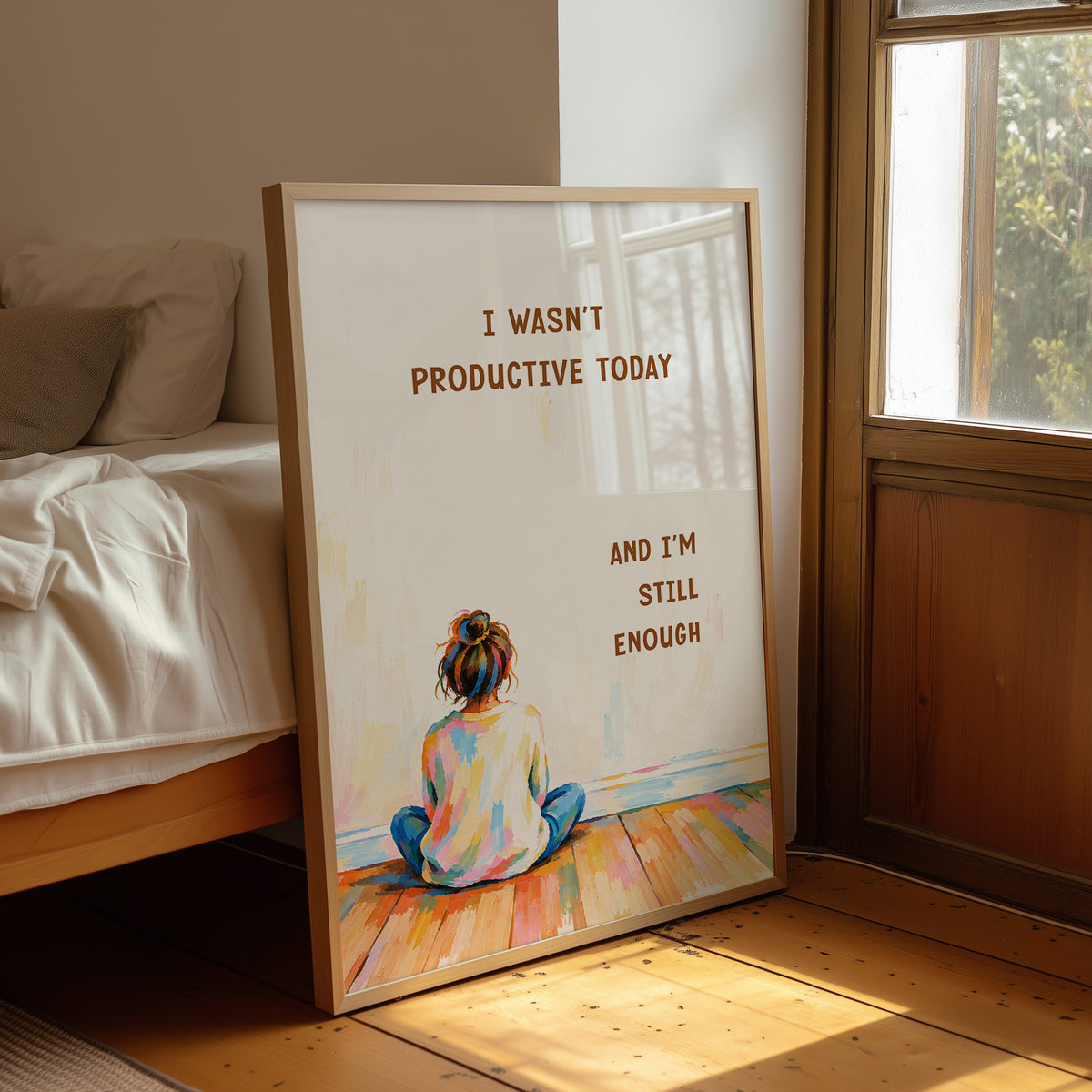 Quiet Hours on Painted Floors, a child seen from behind sitting cross legged on painted floorboards in coral, blue and cream, with two lines of bold brown lettering on a pale cream ground, in a soft illustrated style, leaning on a wood floor in a bedroom beside white linen bedding