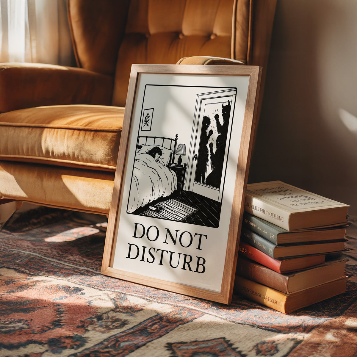 Quiet Hours Until Someone Knocks, a black ink woodcut style scene of a woman asleep in bed beside a lamp and a small framed plant picture while horned shadows lurk at the open door, and the words DO NOT DISTURB in black serif capitals on cream paper, in an ornate frame on silk cloth beside ferns and a brass compass