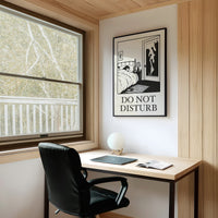 Quiet Hours Until Someone Knocks, a black ink woodcut style scene of a woman asleep in bed beside a lamp and a small framed plant picture while horned shadows lurk at the open door, and the words DO NOT DISTURB in black serif capitals on cream paper, in an ornate gold frame on a deep green wall beside tall brass candlesticks