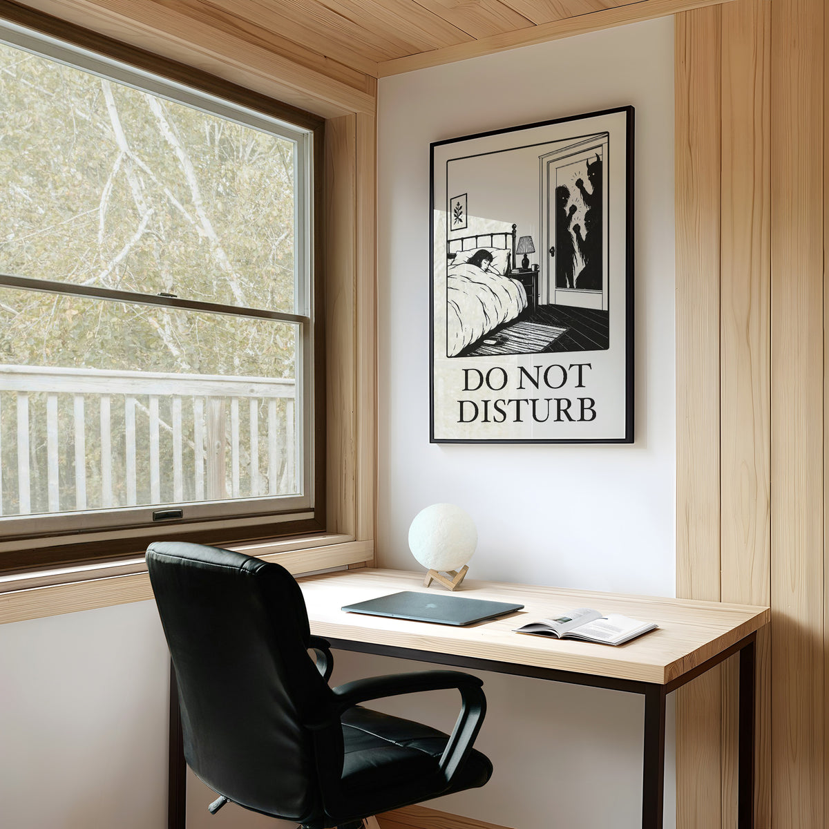 Quiet Hours Until Someone Knocks, a black ink woodcut style scene of a woman asleep in bed beside a lamp and a small framed plant picture while horned shadows lurk at the open door, and the words DO NOT DISTURB in black serif capitals on cream paper, in an ornate gold frame on a deep green wall beside tall brass candlesticks