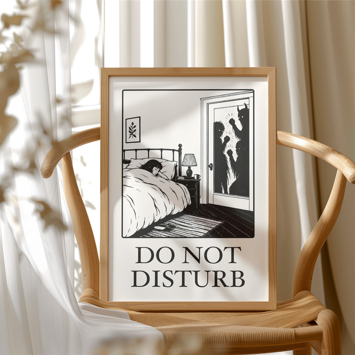 Quiet Hours Until Someone Knocks, a black ink woodcut style scene of a woman asleep in bed beside a lamp and a small framed plant picture while horned shadows lurk at the open door, and the words DO NOT DISTURB in black serif capitals on cream paper, in a dark wood frame on a floral wallpaper wall above a rustic cabinet and a vase