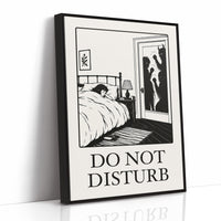 Quiet Hours Until Someone Knocks, a black ink woodcut style scene of a woman asleep in bed beside a lamp and a small framed plant picture while horned shadows lurk at the open door, and the words DO NOT DISTURB in black serif capitals on cream paper, as a framed canvas in a black frame