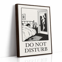 Quiet Hours Until Someone Knocks, a black ink woodcut style scene of a woman asleep in bed beside a lamp and a small framed plant picture while horned shadows lurk at the open door, and the words DO NOT DISTURB in black serif capitals on cream paper, as a framed canvas in a brown frame