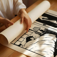 Quiet Hours Until Someone Knocks, a black ink woodcut style scene of a woman asleep in bed beside a lamp and a small framed plant picture while horned shadows lurk at the open door, and the words DO NOT DISTURB in black serif capitals on cream paper, as a matte poster, unframed