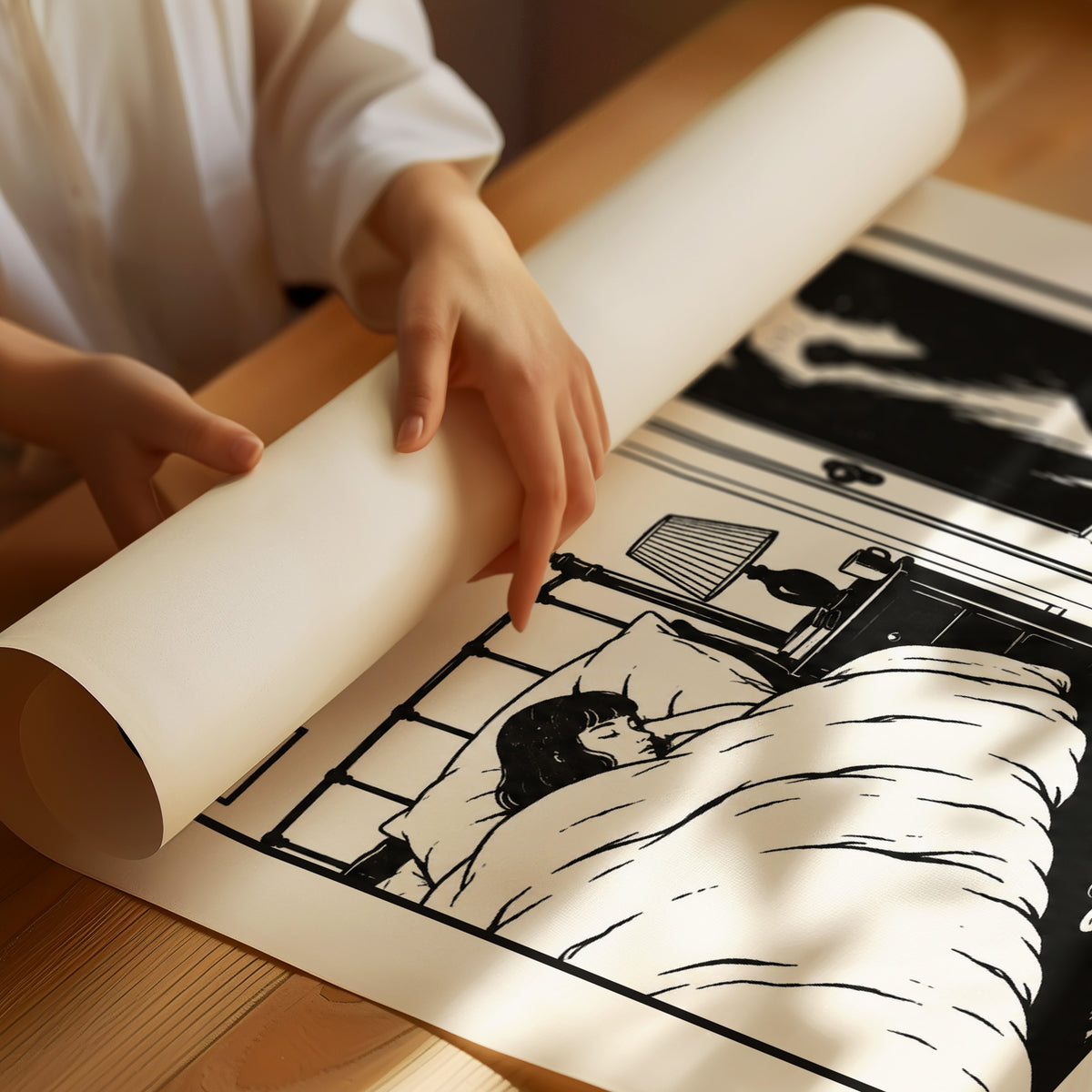 Quiet Hours Until Someone Knocks, a black ink woodcut style scene of a woman asleep in bed beside a lamp and a small framed plant picture while horned shadows lurk at the open door, and the words DO NOT DISTURB in black serif capitals on cream paper, as a matte poster, unframed