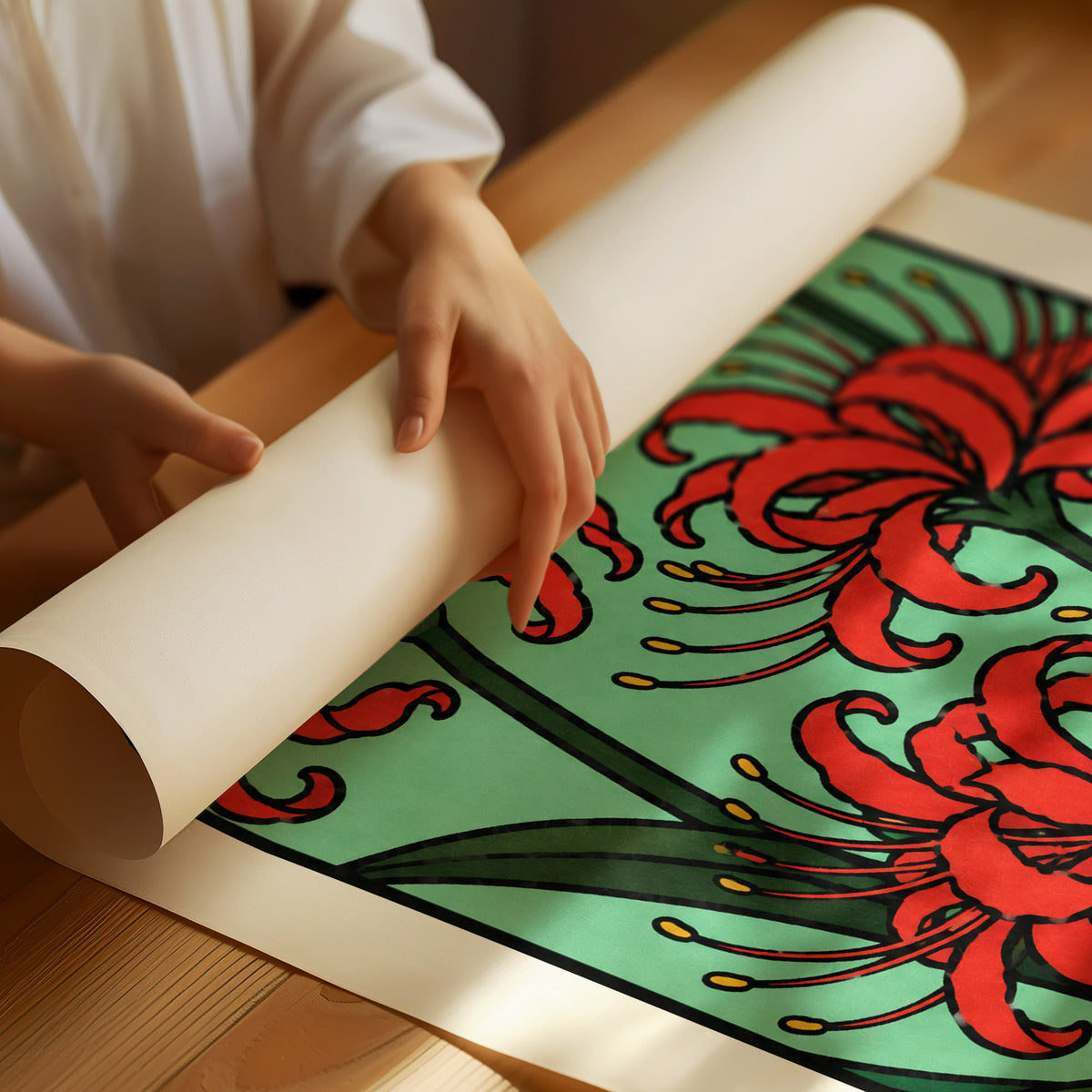Red Lilies Make Room for Something New, red spider lily blooms with buds and dark green stems on a soft green ground, with the words Every ending makes room for something new in small black lettering along the bottom, as a matte poster, unframed