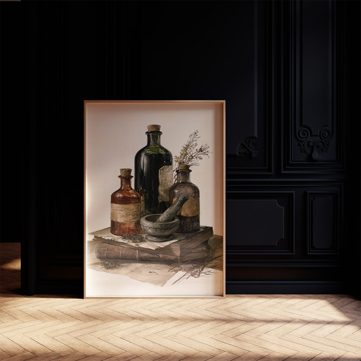 Remedies Kept on Old Books, a still life of dark green and amber apothecary bottles, a stone mortar and a dried sprig resting on a stack of yellowed papers, painted in deep green, amber and parchment, in a dark frame on a black paneled wall above a sunlit herringbone floor