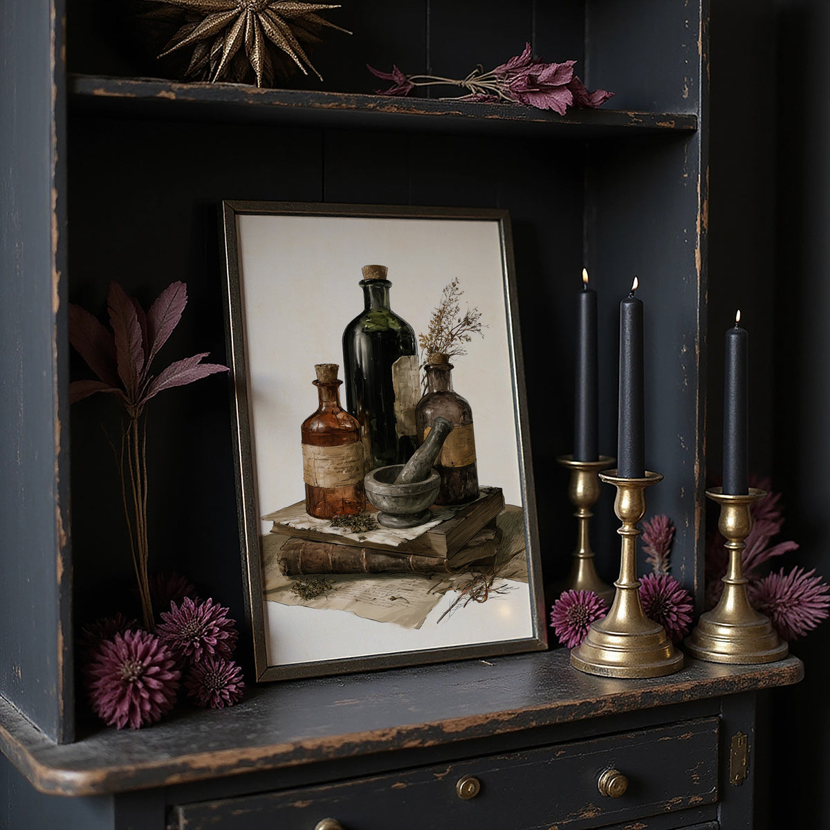 Remedies Kept on Old Books, a still life of dark green and amber apothecary bottles, a stone mortar and a dried sprig resting on a stack of yellowed papers, painted in deep green, amber and parchment, in a dark frame on a black shelf beside brass candles and dried leaves
