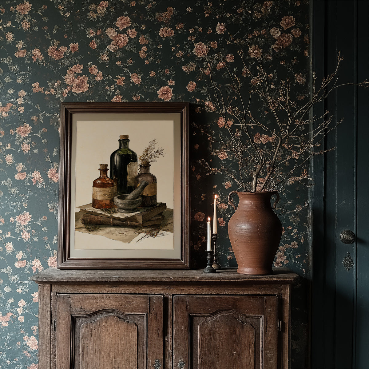 Remedies Kept on Old Books, a still life of dark green and amber apothecary bottles, a stone mortar and a dried sprig resting on a stack of yellowed papers, painted in deep green, amber and parchment, in a dark wood frame on a floral wallpaper wall above a rustic cabinet and a vase