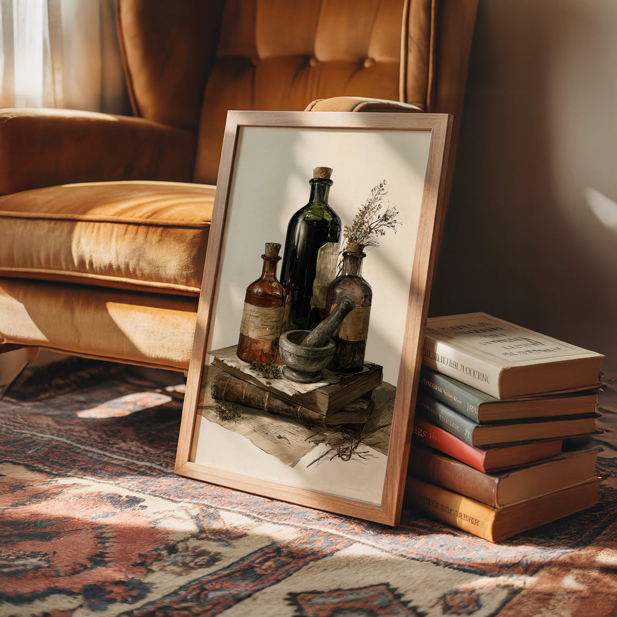 Remedies Kept on Old Books, a still life of dark green and amber apothecary bottles, a stone mortar and a dried sprig resting on a stack of yellowed papers, painted in deep green, amber and parchment, in a wood frame on a leather armchair beside a stack of books