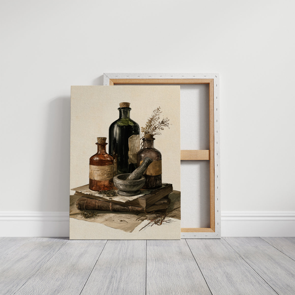 Remedies Kept on Old Books, a still life of dark green and amber apothecary bottles, a stone mortar and a dried sprig resting on a stack of yellowed papers, painted in deep green, amber and parchment, on a gallery canvas with wrapped edges leaning against a white wall