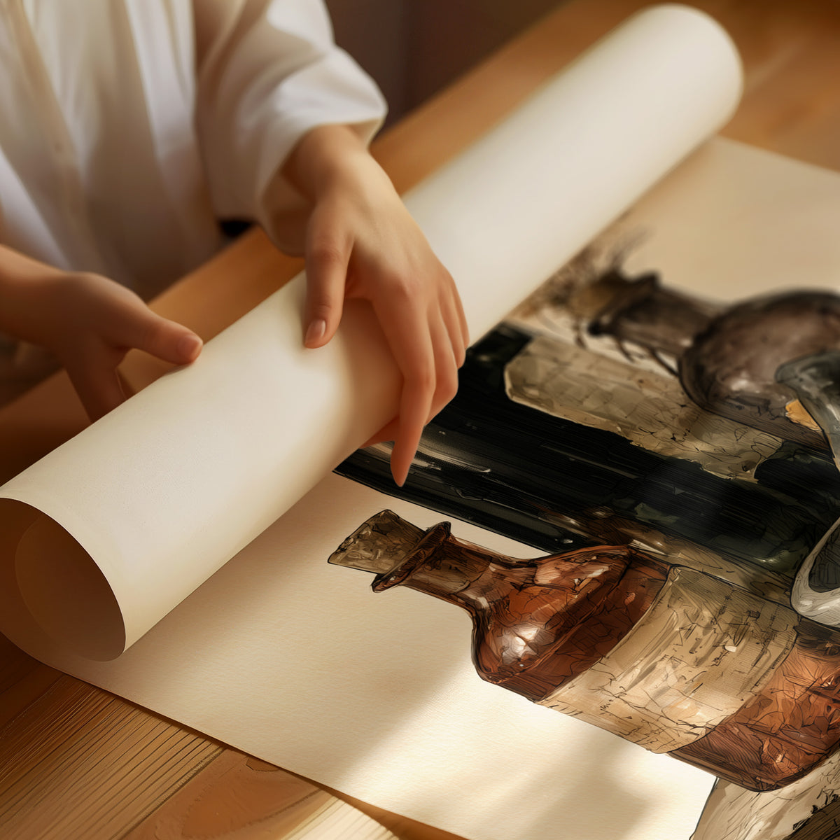 Remedies Kept on Old Books, a still life of dark green and amber apothecary bottles, a stone mortar and a dried sprig resting on a stack of yellowed papers, painted in deep green, amber and parchment, as a matte poster, unframed