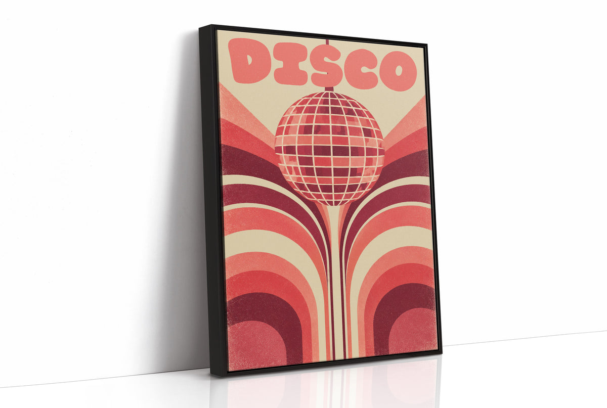 Rose Mirror Ball After Midnight, a retro disco ball drawn in a grid of rose and cream lines at the center of stacked arches in rose, cream and oxblood, with the word DISCO in bold rose letters across the top, as a framed canvas in a black frame