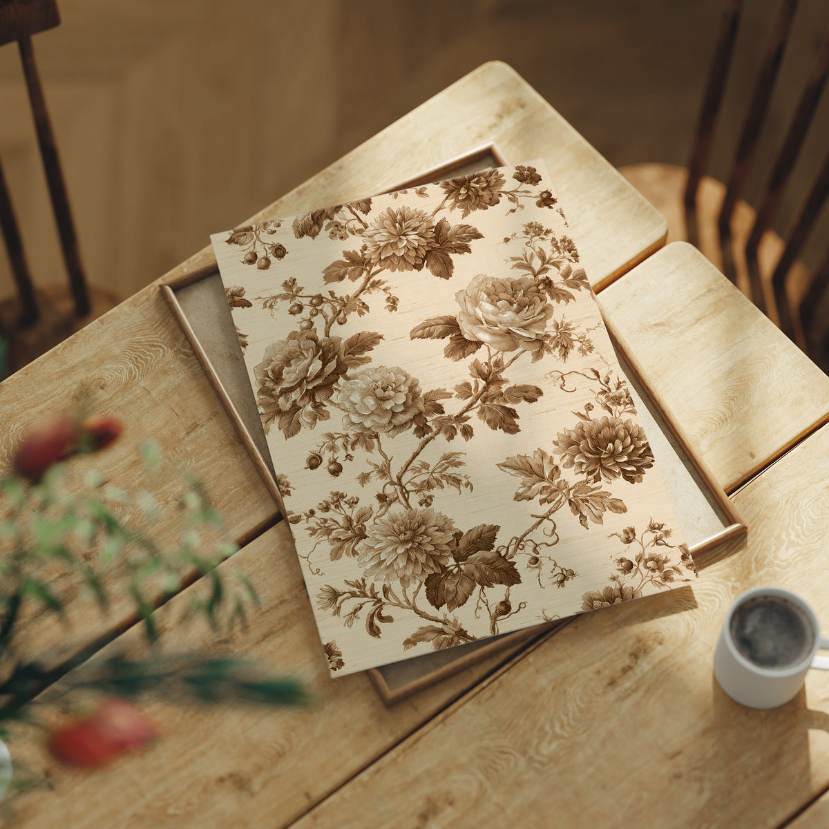 Roses Written in Old Ink, peonies and roses in a sepia toile pattern on a cream ground, drawn in fine brown lines with soft umber shading, lying flat on a light wood table beside a coffee cup and red berries