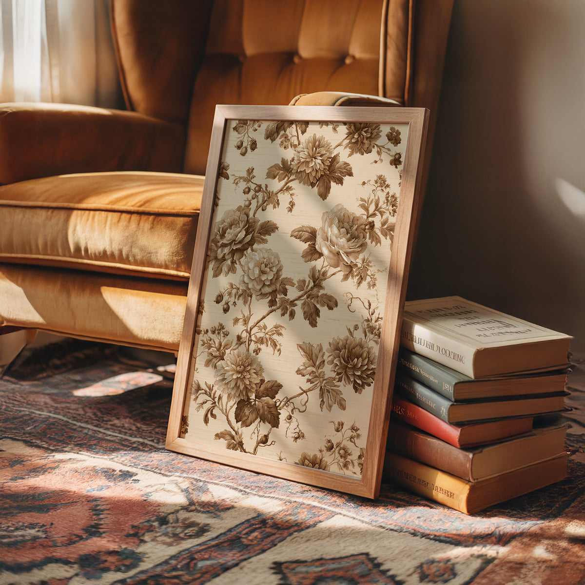 Roses Written in Old Ink, peonies and roses in a sepia toile pattern on a cream ground, drawn in fine brown lines with soft umber shading, in a wood frame on a rug beside a leather armchair and a stack of books