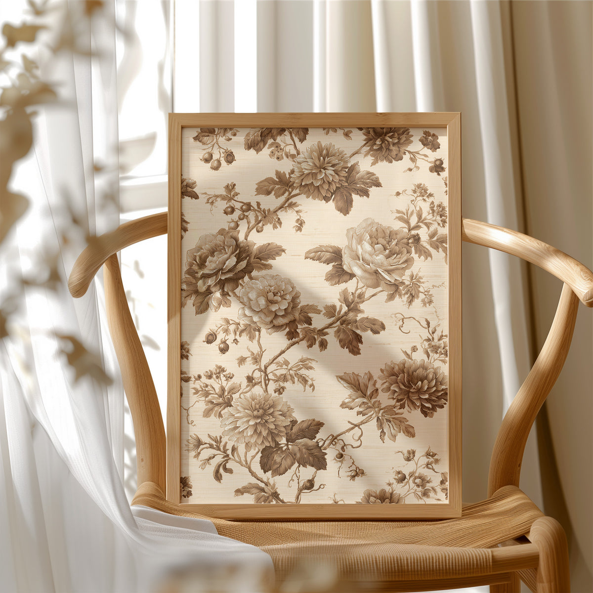 Roses Written in Old Ink, peonies and roses in a sepia toile pattern on a cream ground, drawn in fine brown lines with soft umber shading, in a wood frame beside a wicker chair by a sunny window