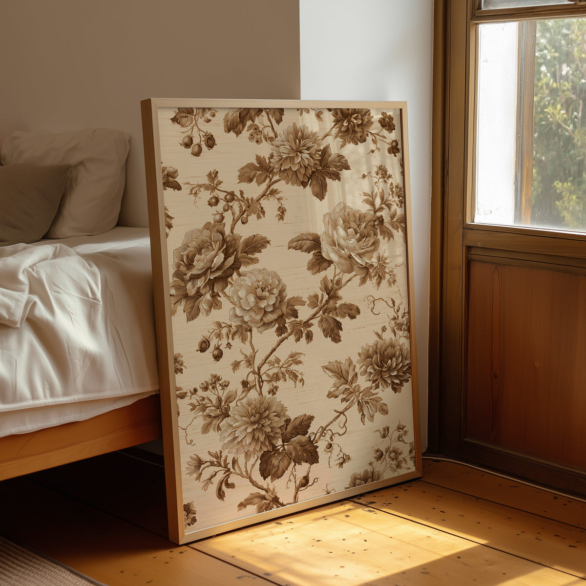 Roses Written in Old Ink, peonies and roses in a sepia toile pattern on a cream ground, drawn in fine brown lines with soft umber shading, leaning on a wood floor in a bedroom beside white linen bedding