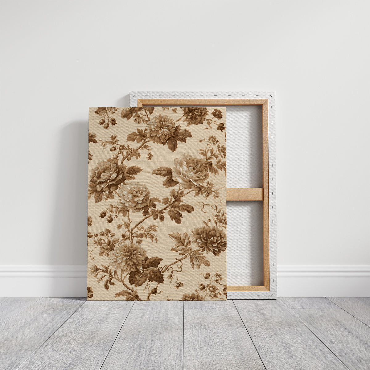 Roses Written in Old Ink, peonies and roses in a sepia toile pattern on a cream ground, drawn in fine brown lines with soft umber shading, on a gallery canvas with wrapped edges leaning against a white wall