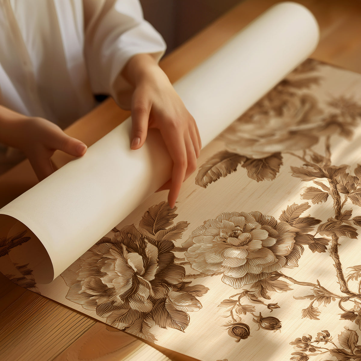Roses Written in Old Ink, peonies and roses in a sepia toile pattern on a cream ground, drawn in fine brown lines with soft umber shading, as a matte poster, unframed