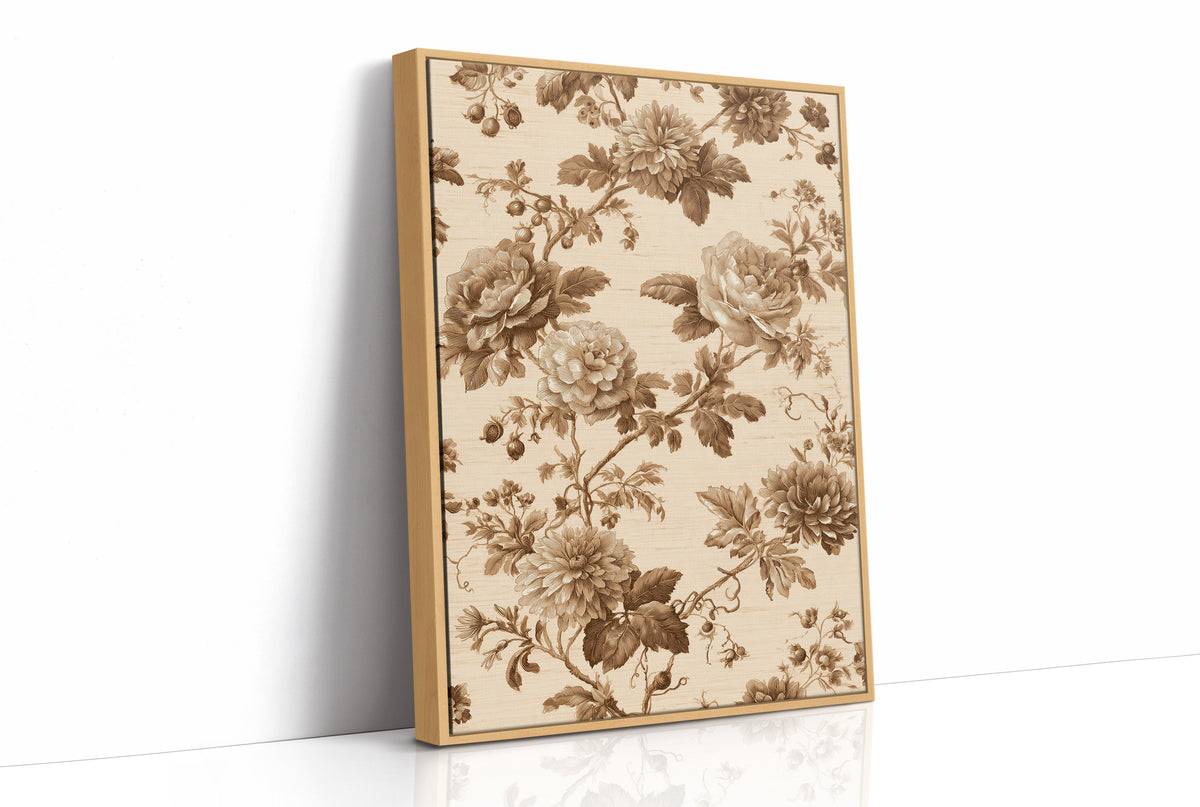 Roses Written in Old Ink, peonies and roses in a sepia toile pattern on a cream ground, drawn in fine brown lines with soft umber shading, as a framed canvas in a natural wood frame