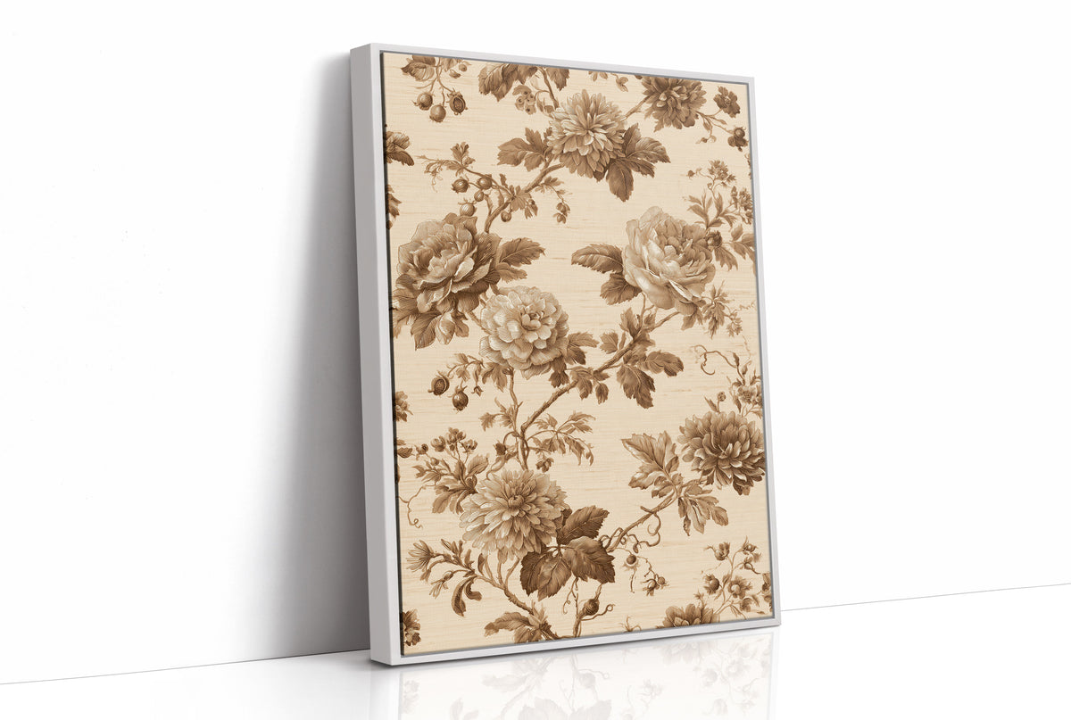 Roses Written in Old Ink, peonies and roses in a sepia toile pattern on a cream ground, drawn in fine brown lines with soft umber shading, as a framed canvas in a white frame
