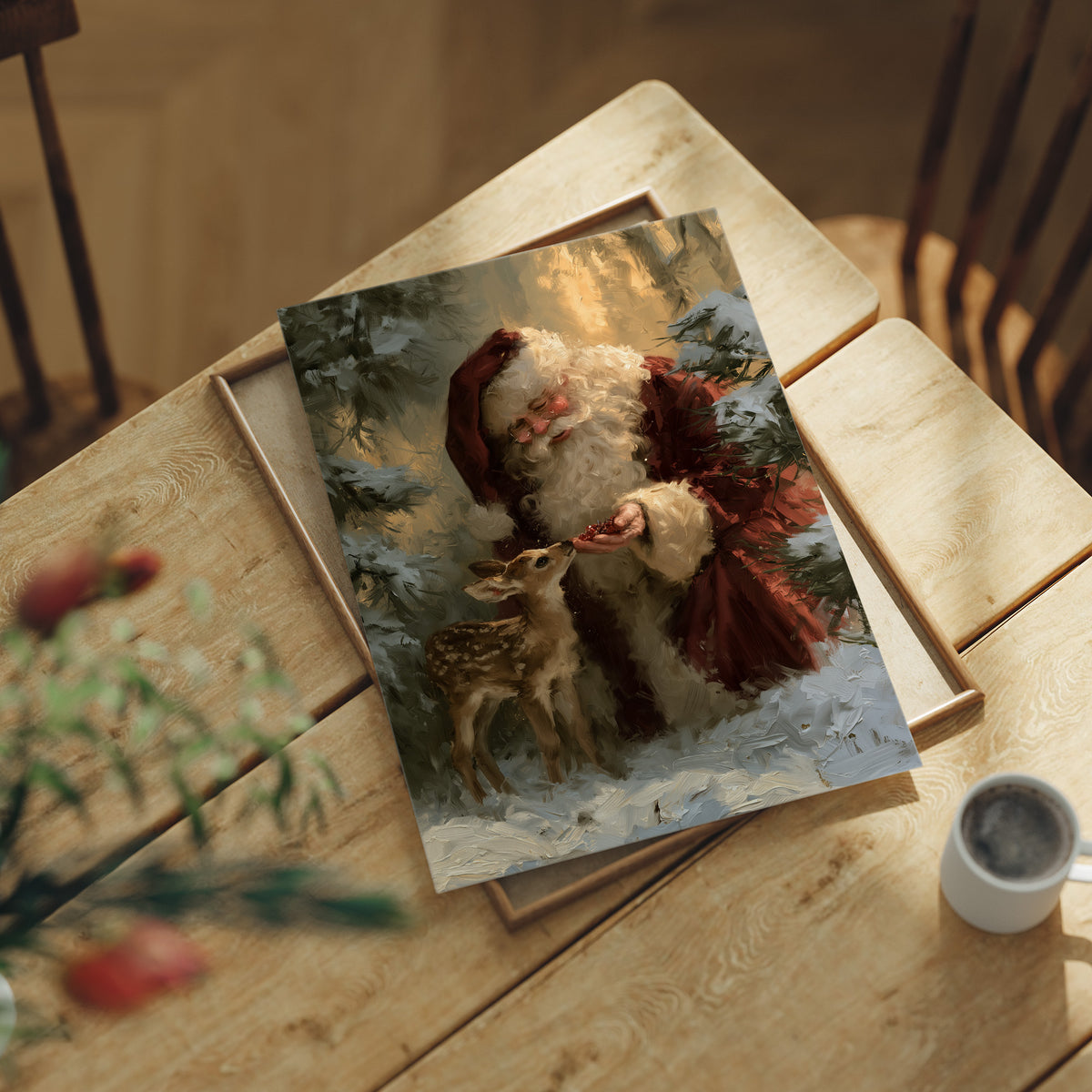 Saint Nick Keeps a Fawn Close, a painterly vintage Santa Claus in a red hat with a fawn tucked against his coat, set among pine boughs in snow, painted in deep green, rust and gold, lying flat on a light wood table beside a coffee cup and red berries