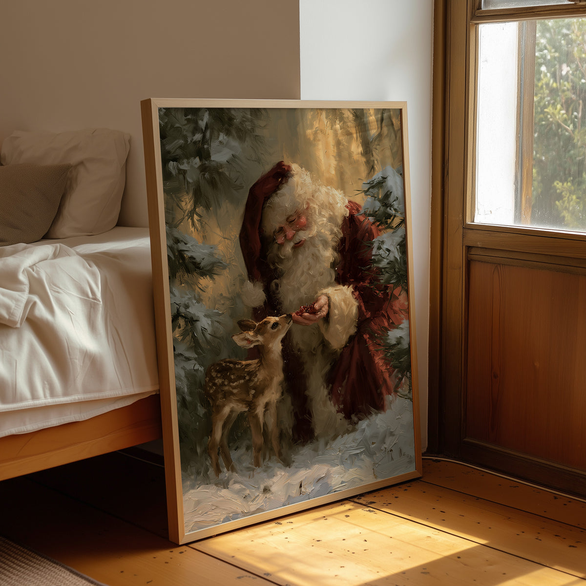 Saint Nick Keeps a Fawn Close, a painterly vintage Santa Claus in a red hat with a fawn tucked against his coat, set among pine boughs in snow, painted in deep green, rust and gold, leaning on a wood floor in a bedroom beside white linen bedding